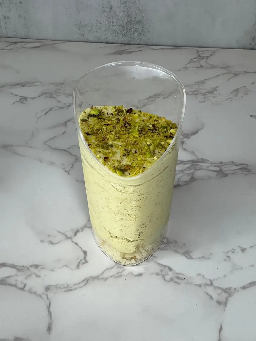 Individual pistachio mousse dessert cup