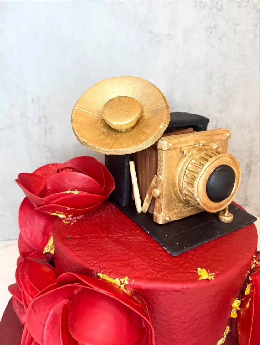 Red rose cake with vintage gold camera topper by Cakes by Din